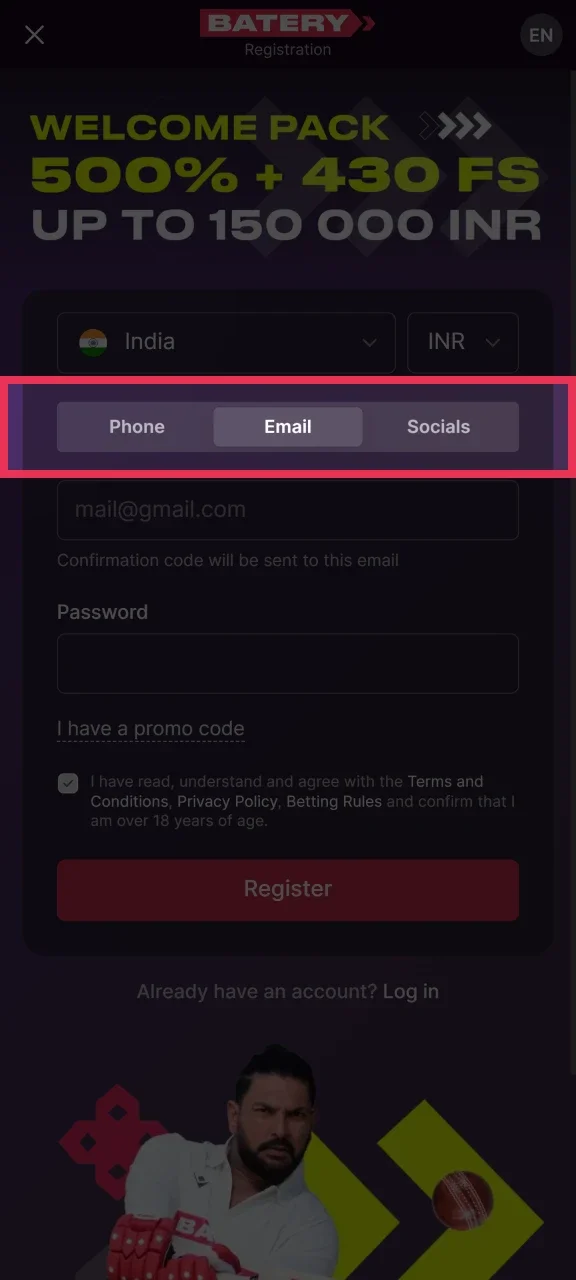 Select a registration method to create a Batery account.