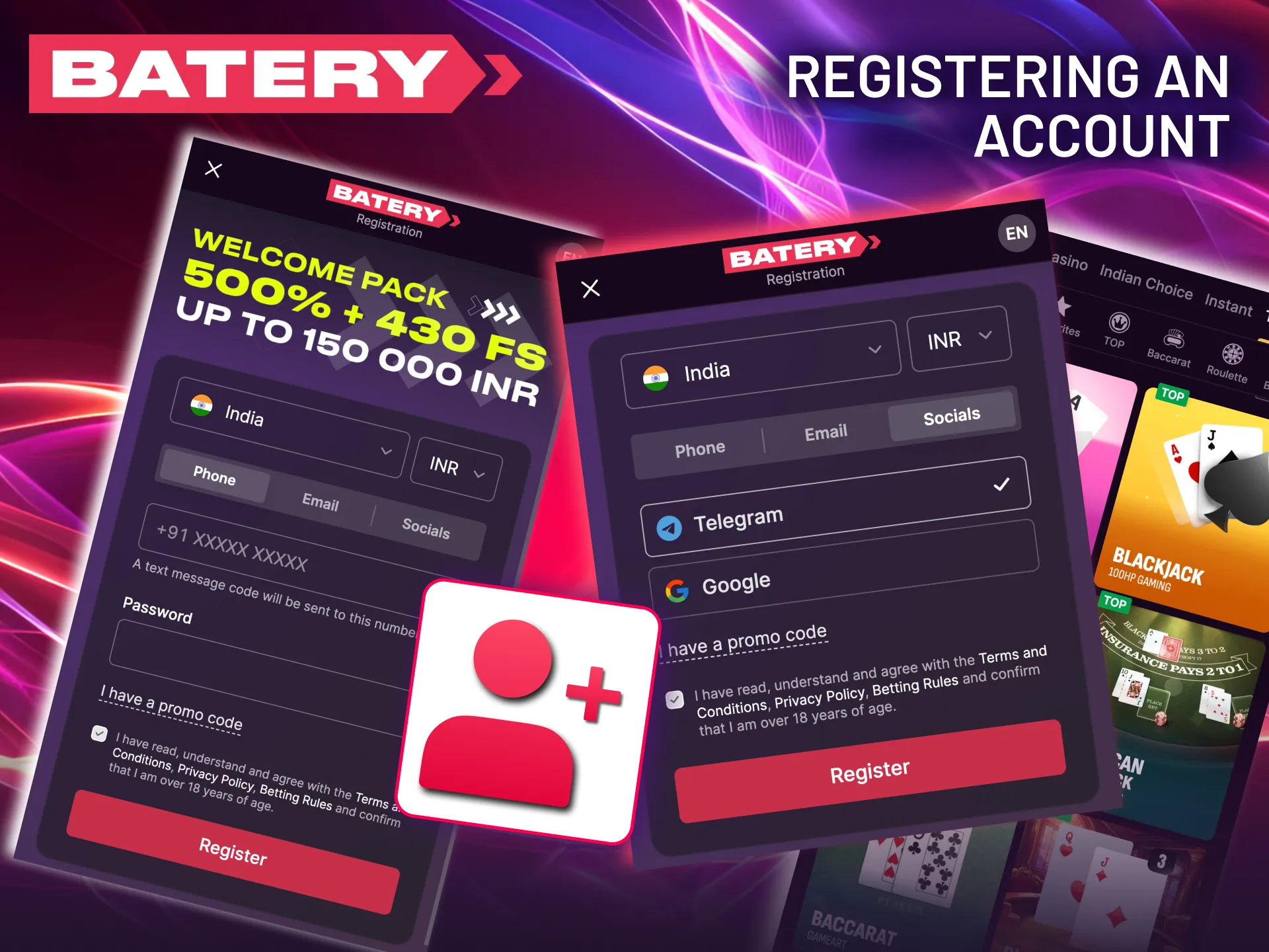 Create your Batery account with a few steps and optional promo code.
