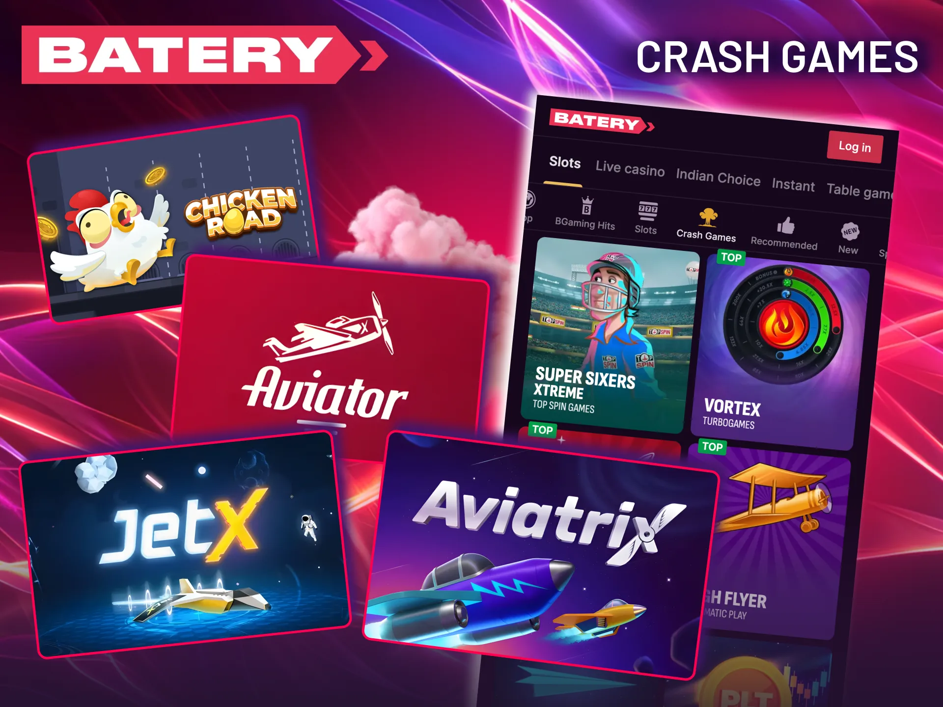 Batery features crash games with rising multipliers like Aviator.