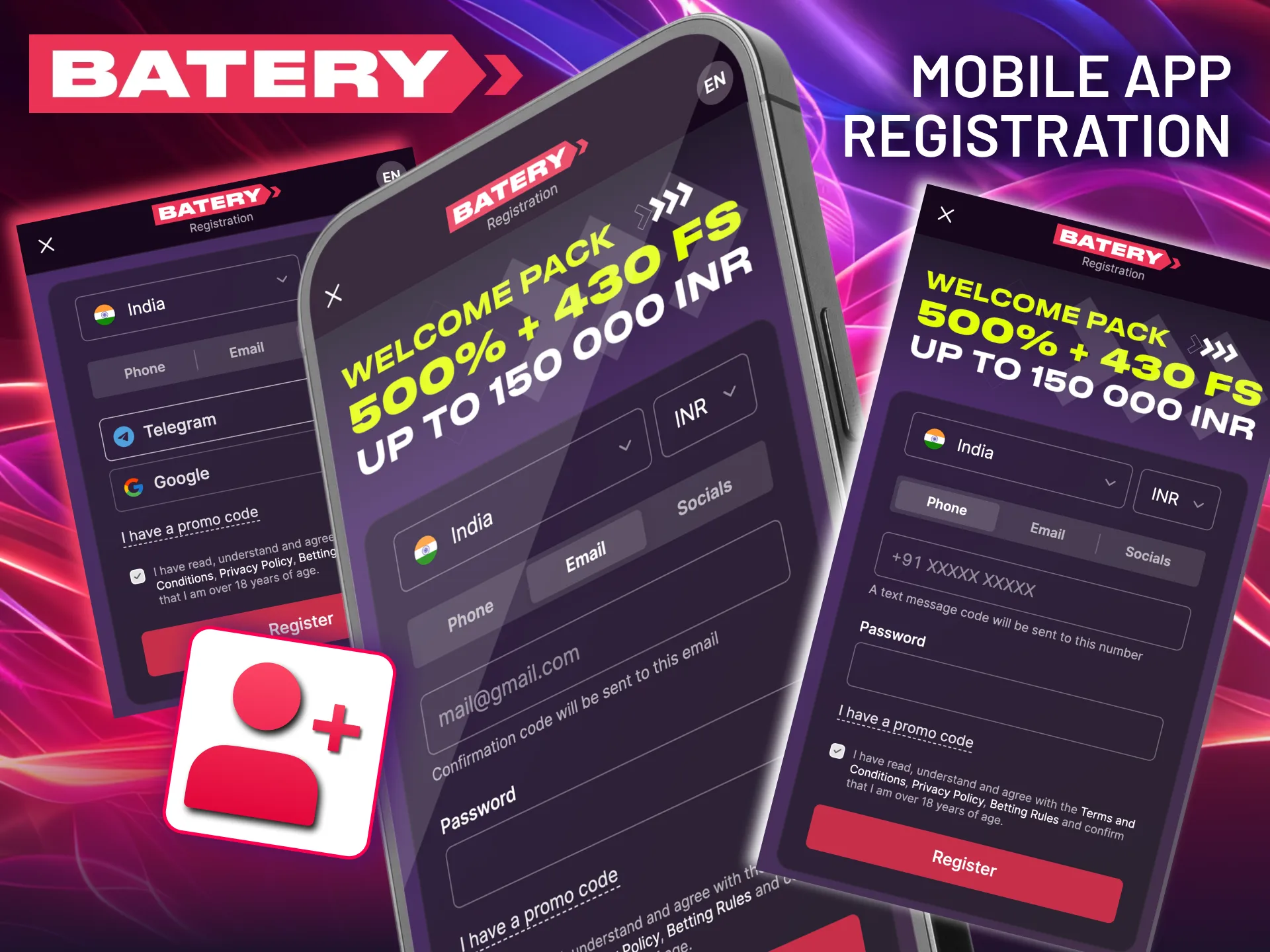 Batery offers fast mobile registration with automatic login after setup.