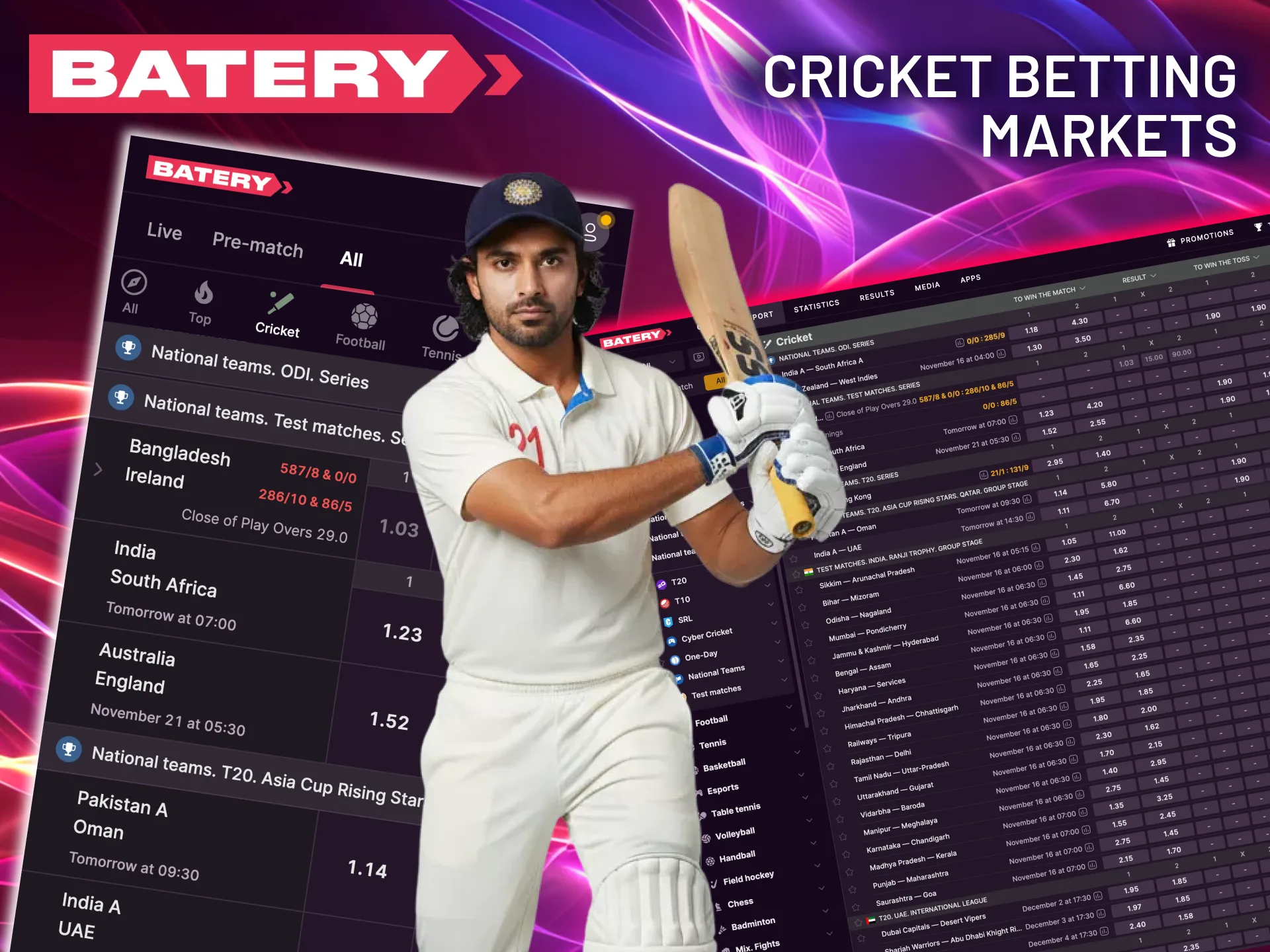 Explore Batery cricket events with multiple betting types.