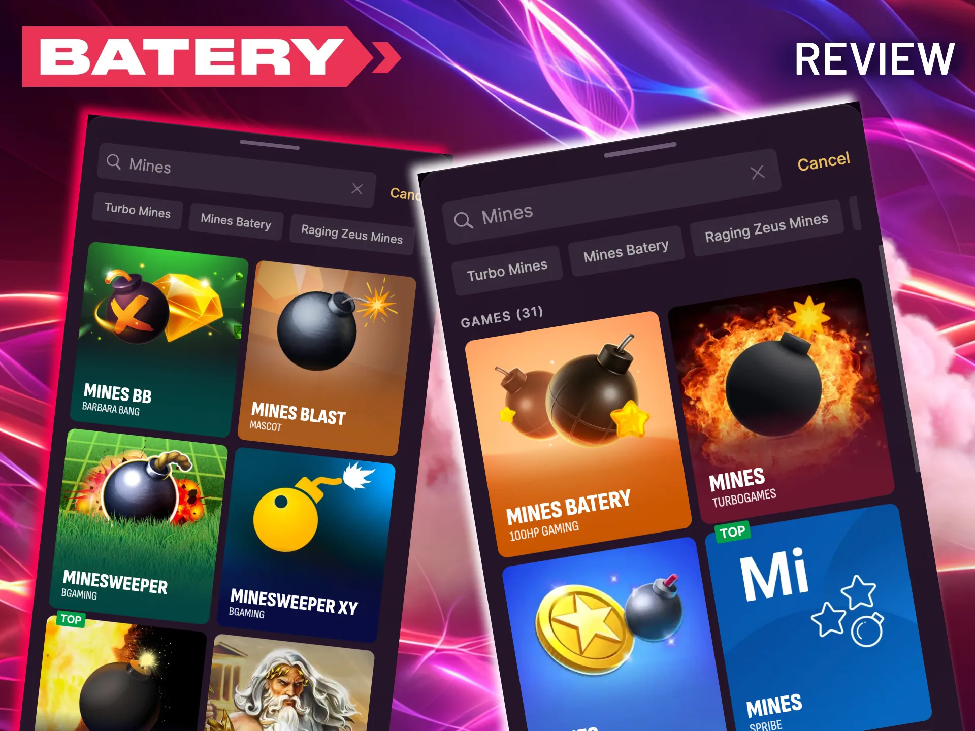 Batery mines game grid with hidden safe tiles and prizes.