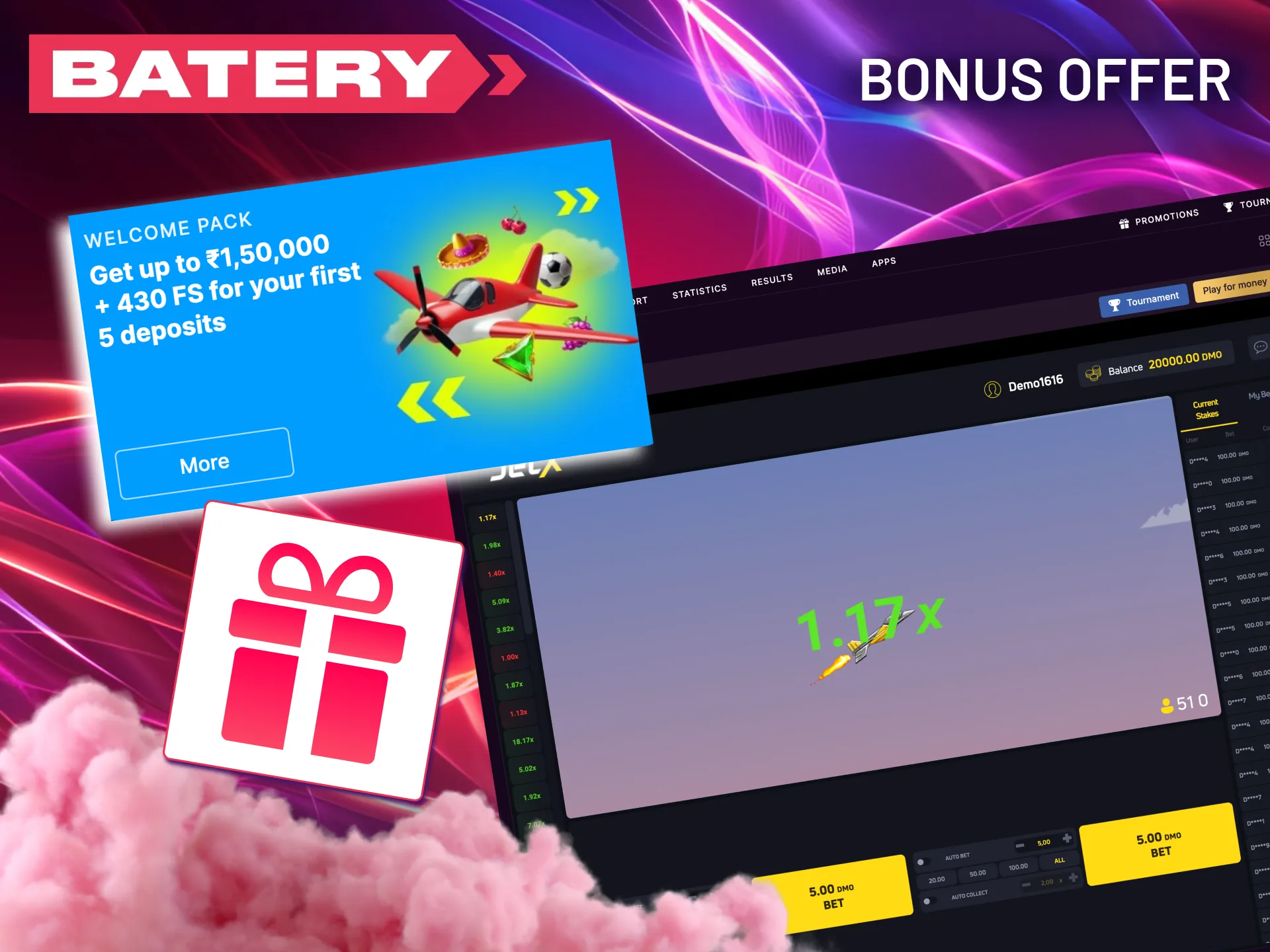 Batery promotion boosts JetX play with instant bonus funds and reload offers.