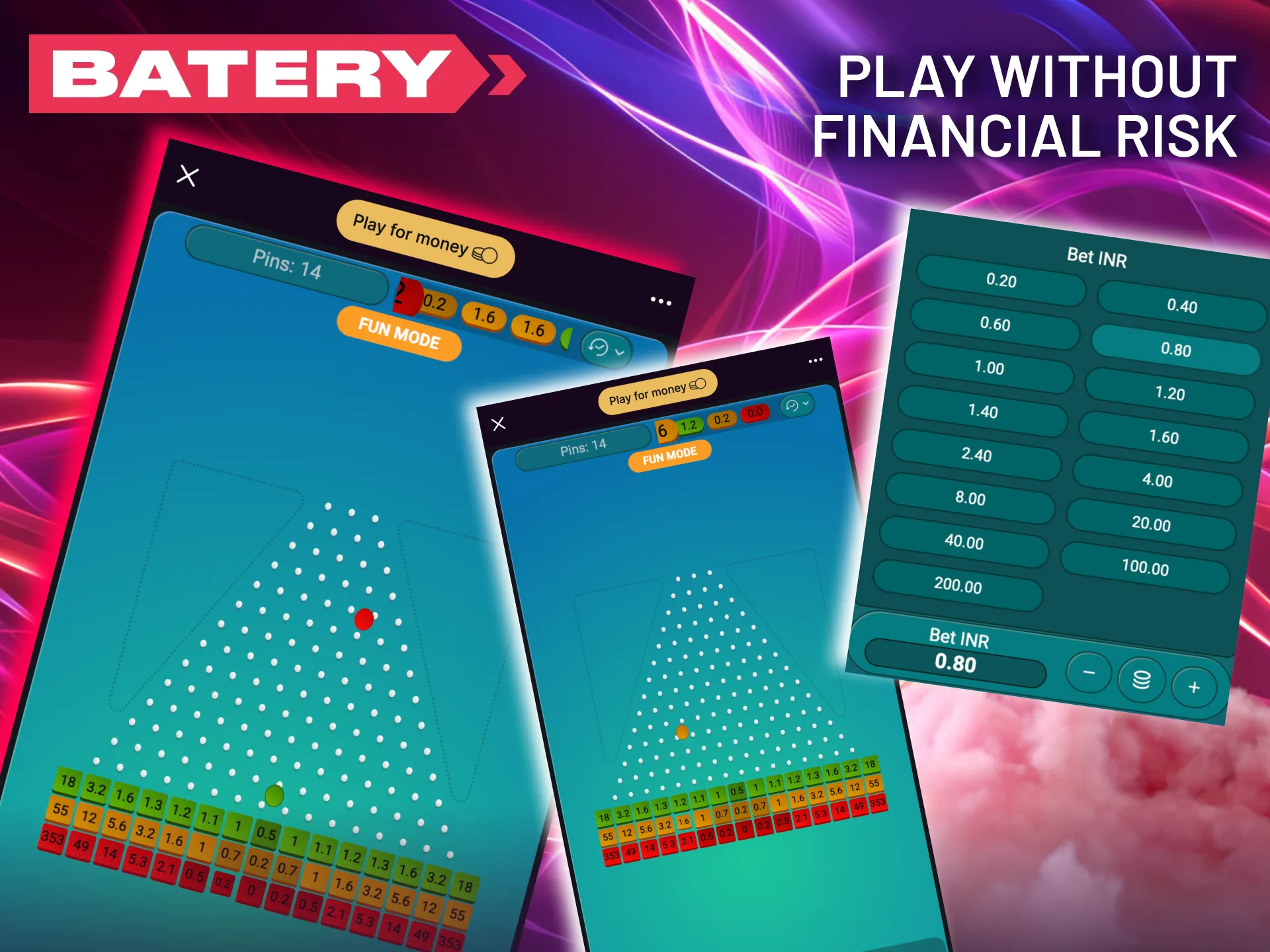 Batery offers Plinko demo mode with unlimited practice using virtual credits.